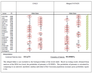 検査対象の子どもの生物学的父親として、疑われる父親を否定することはできません。記載されたDNAローカスの解析結果に基づき、父性確率は99.9998％と計算されています。この父性確率は、未検査の無関係なランダムな男性（欧米系人口を基準）との比較によって算出されています（事前確率0.50と仮定）